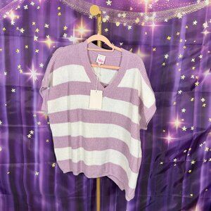 So Me - Loose Fit V-Neck Stripe Sweater - Lavender, White - L - NWT